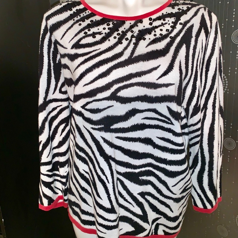 Alfred Dunner Zebra Sequins 3/4 Sleeves Sweater